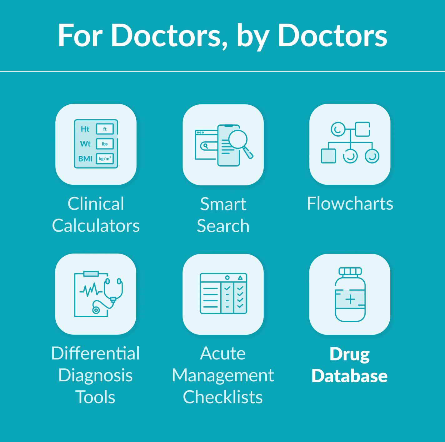 All the features on the AMBOSS platform, including; Clinical Calculators, Smart Search, Flowcharts, Differential Diagnosis Tools, Acute Management Checklists and Drug Dosage